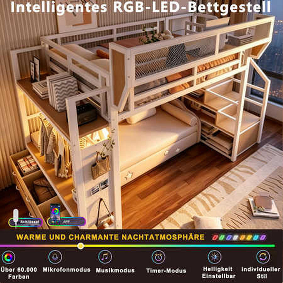 HOCHBETT Weiß aus Metall 140×200cm mit Stauraumleiter, Ablagen, Kleiderstange und LED-Beleuchtung - Weiß, Metall (140/200cm) - Luhomfu