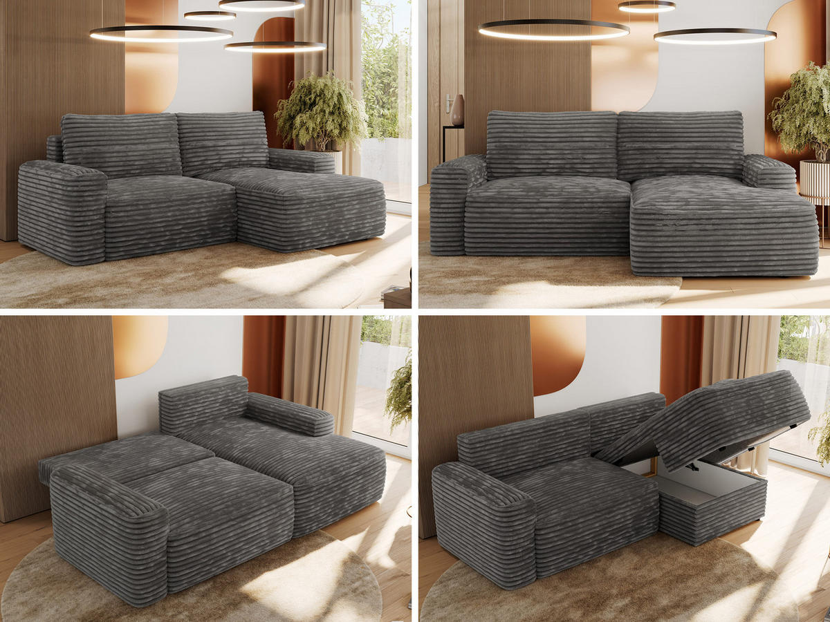 ECKSOFA BELLUNO L Dunkelgrau Cord - Rechts - Dunkelgrau/Schwarz, Textil (233/144cm) - MKS