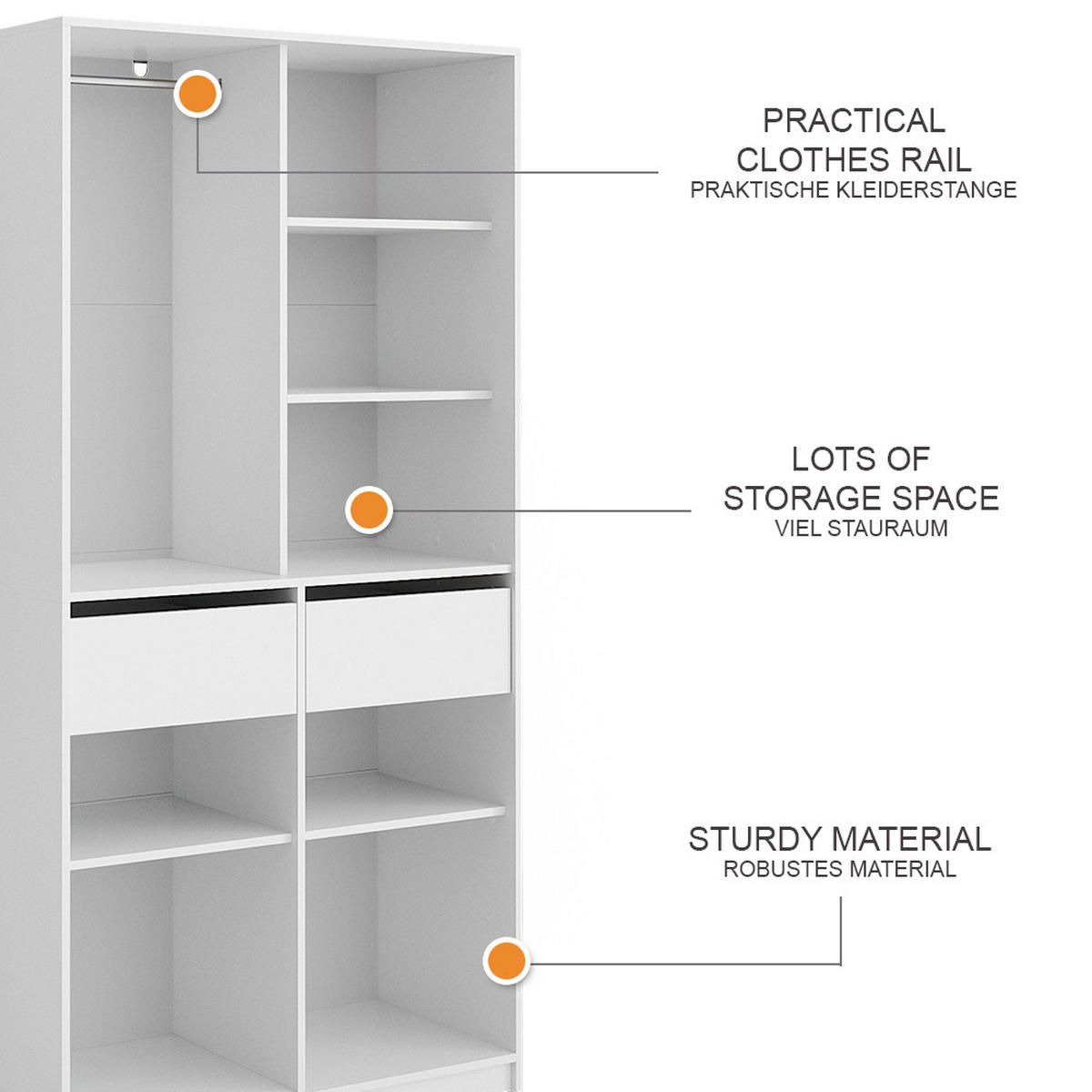 KLEIDERSCHRANK Elmo Weiß 100 x 200 cm mit 2 Schubladen - Weiß, Holzwerkstoff (100/200/50cm) - Vicco