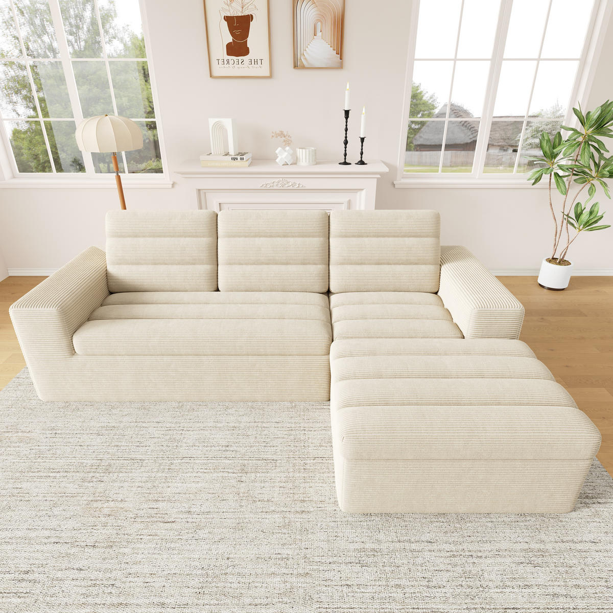 ECKSOFA 253/161/89 cm Beige mit 1 Fußhocker - Beige, Textil (253/161cm) - Oxeza