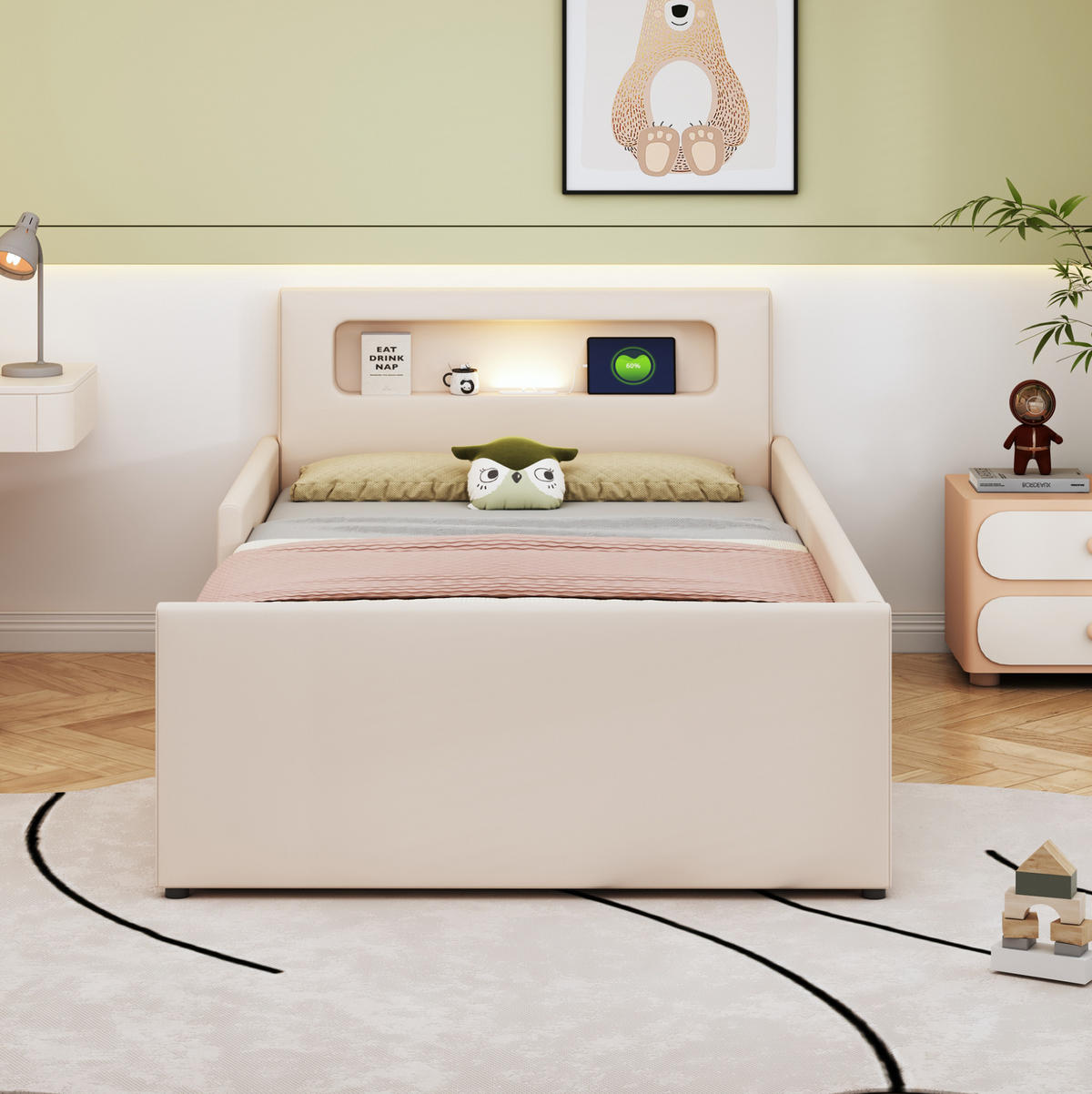 KINDERBETT 90/200 cm mit USB-Anschluss, Nachtlicht, Schubladen und erhöhten Seitenteilen, Kunstleder, Beige - Beige, Textil (90/200cm) - Redom