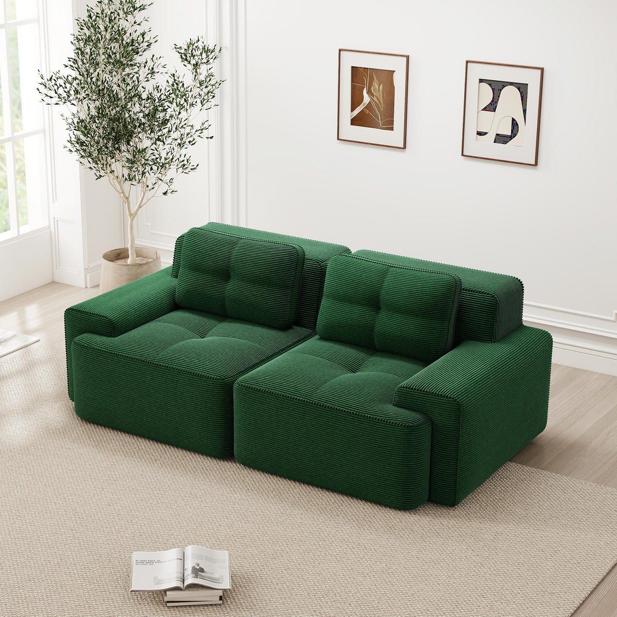 2-SITZER SOFA Cord Grün mit rutschfester Basis und breiten Armlehnen - Grün, Textil (204/69/104cm) - WISHDOR