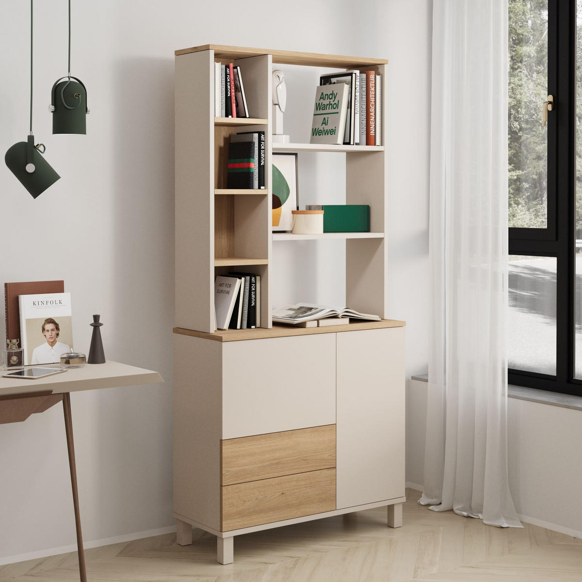 BÜCHERREGAL mit 2 Türen, 2 Schubladen, Dekor Kaschmir und Eiche, 35/187,8/85,2 cm - Beige, Holzwerkstoff (35/187.8/18cm) - Calicosy