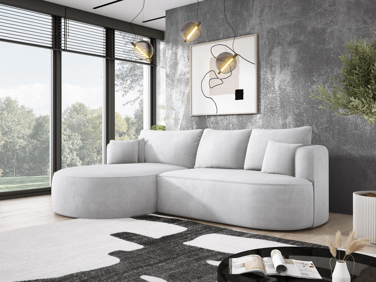 ECKSOFA FIORE-L Moderne Ausziehbare Schlaf-Funktion, automatischer Auffaltung, lose Rückenkissen freistehend LINKS 284x183x82 cm cm White - Weiß, Holz/Textil (183/284cm) - DomoHome