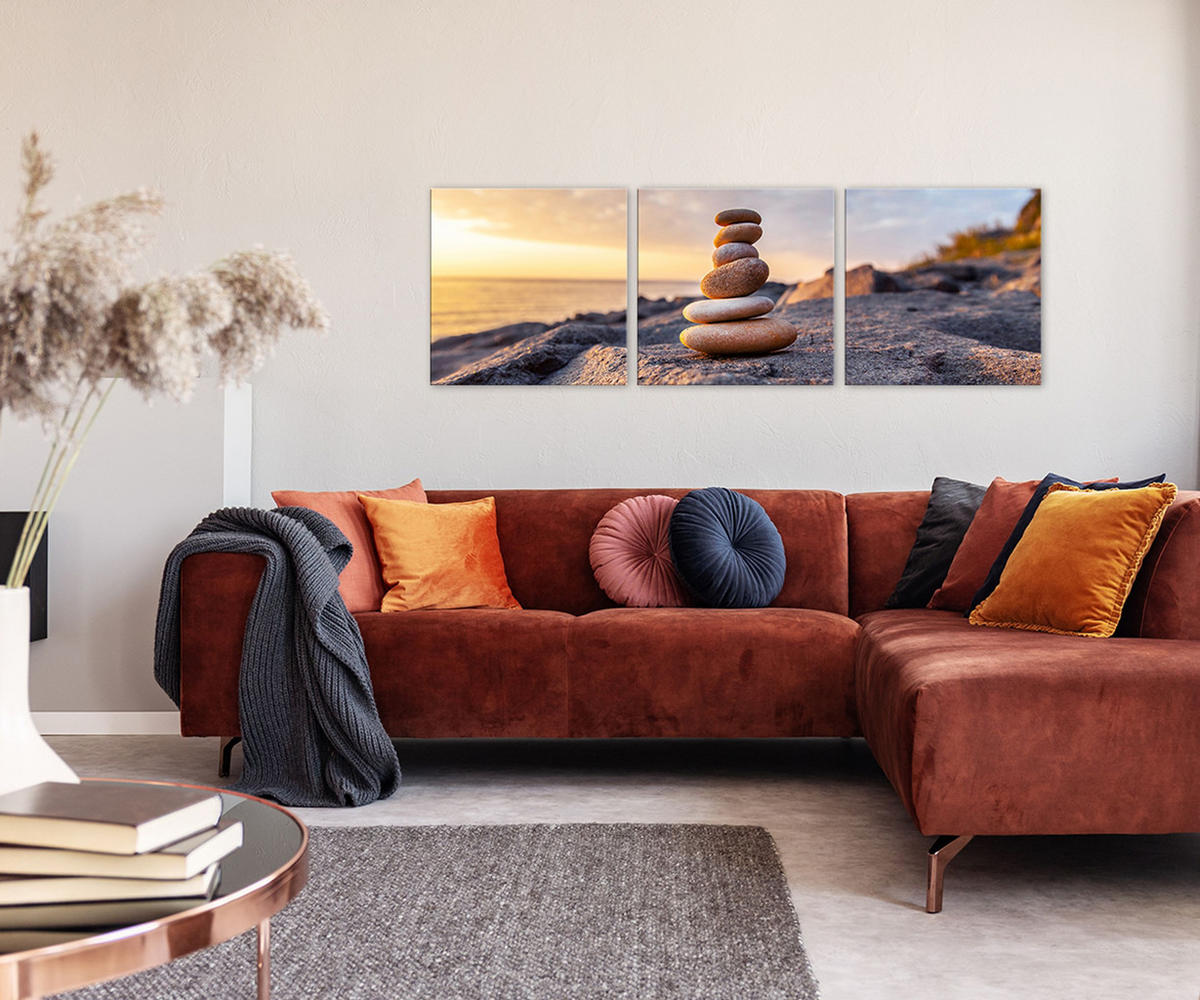 BILDER-SET aus Glas je 50x50 cm Steine Sonnenuntergnag - Gelb, Glas (150/50cm) - artissimo