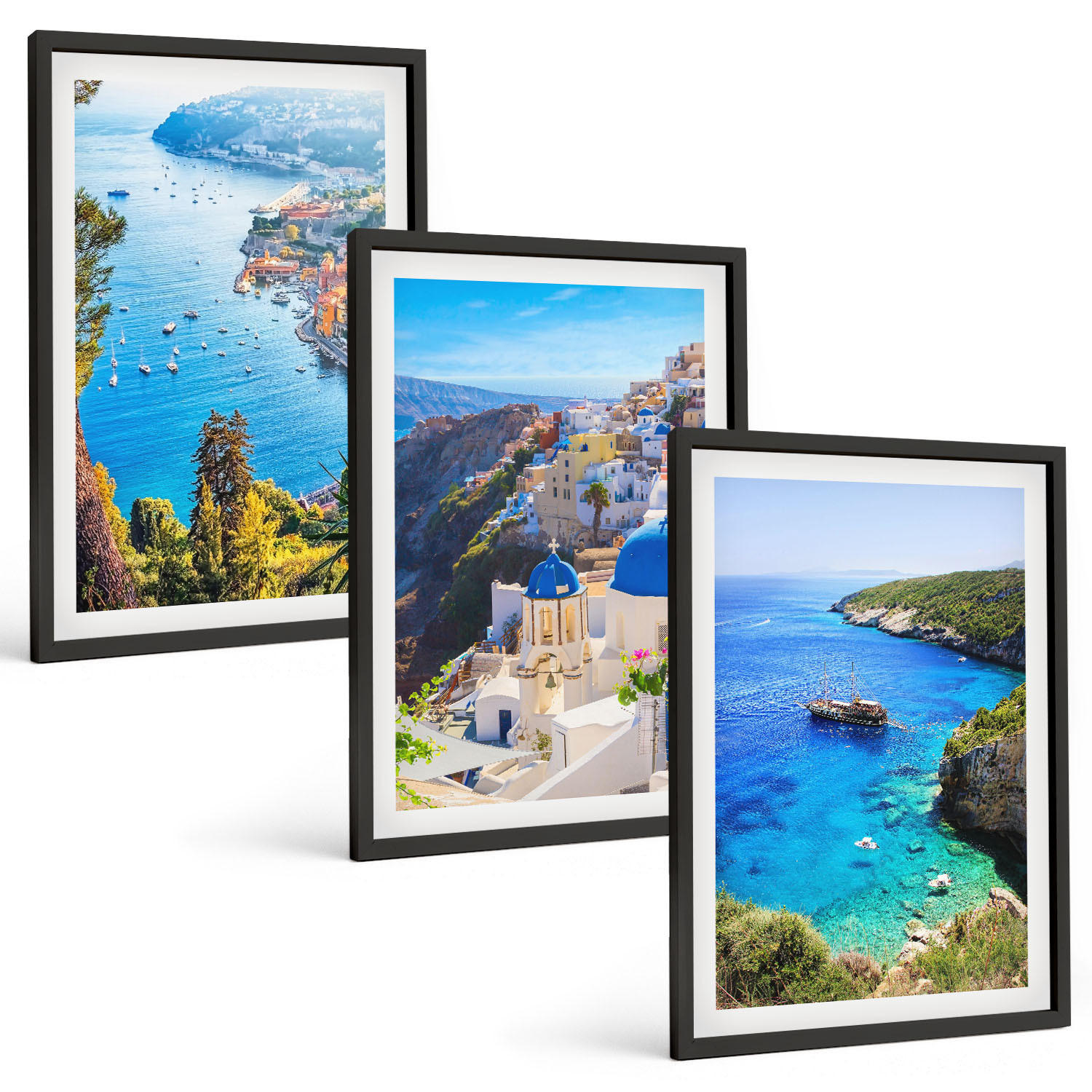 BILDER SET 3er Set - 40x60 cm Schwarzer Rahmen - Griechische Ansichten von Santorin Oia - Schwarz, Kunststoff (40/60cm) - TULUP