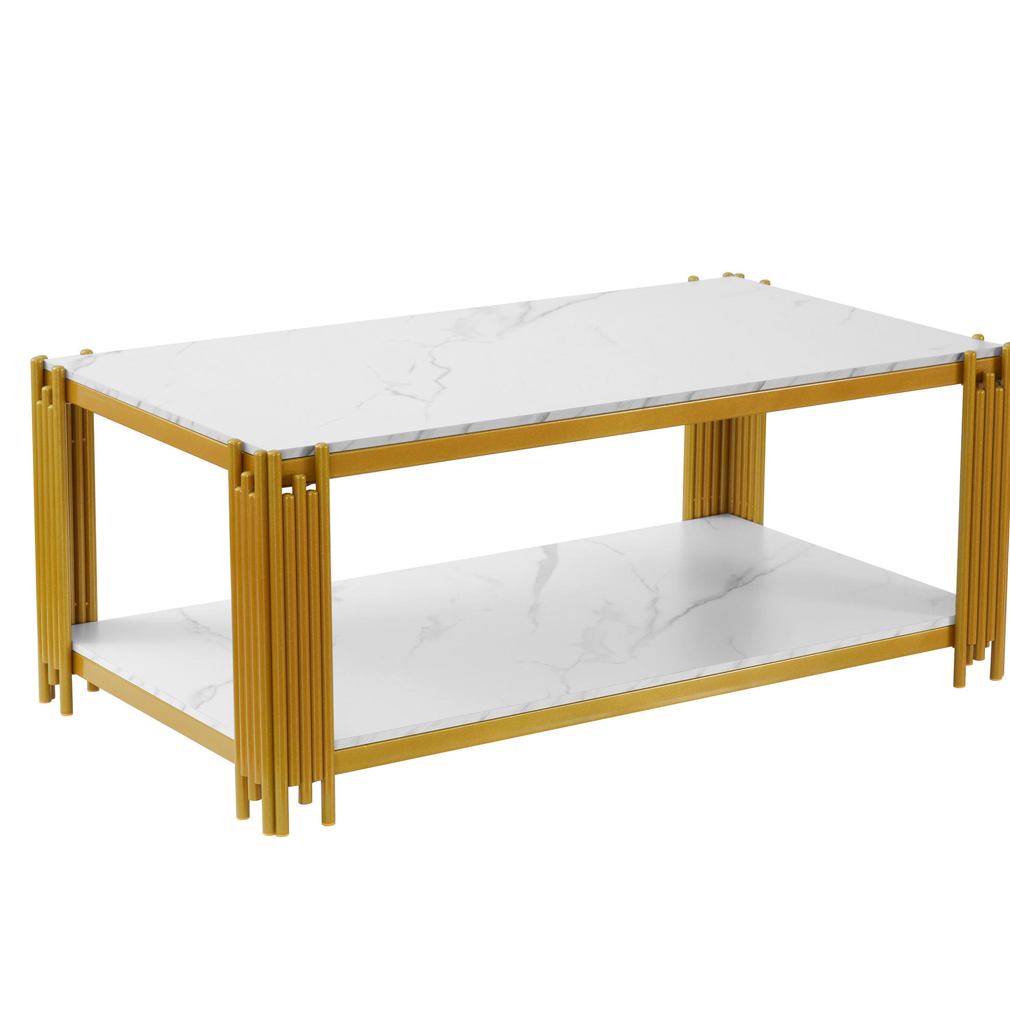 COUCHTISCH mit 2 Ablagen Marmoroptik Weiß Goldfarben - Weiß, Metall (114/64/46cm) - Meubliv