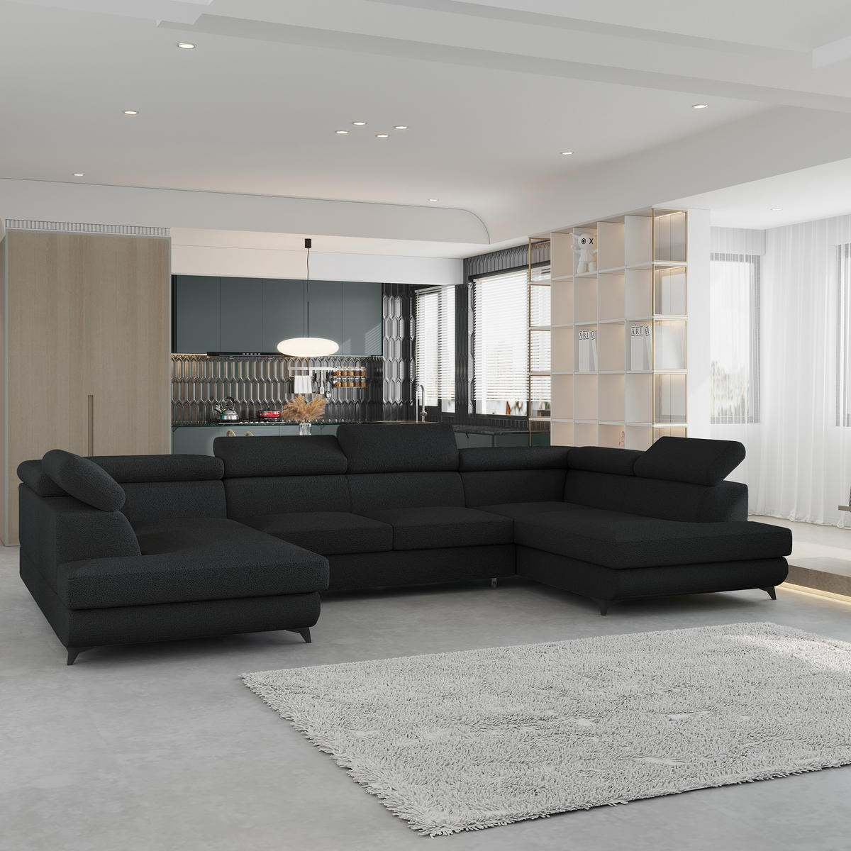 WOHNLANDSCHAFT VINTESSA Schwarz Boucle-Stoff mit Schlaffunktion - Schwarz, Holz (323/89/190cm) - MASSENO