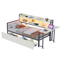 MULTIFUNKTIONSBETT aus Metall 90x200 cm Weiß/Holzfarbe mit LED, Steckdose, Schubladen und ausziehbarem Schreibtisch - Weiß, Metall (90/200cm) - Modfu