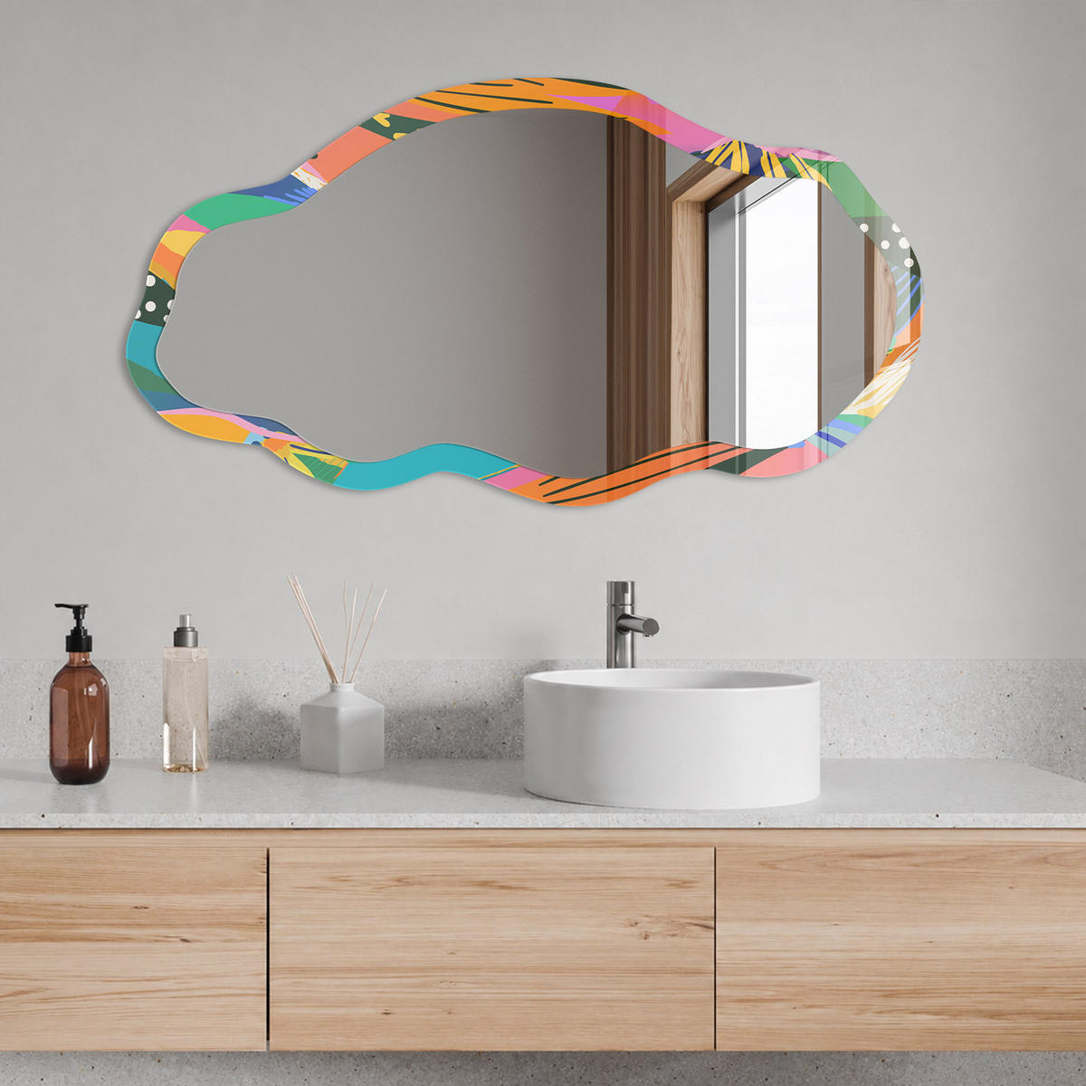 SPIEGEL 90x45 cm asymmetrisch mit Druck - Bunte Federn - Transparent, Glas (45/90/0.4cm) - TULUP