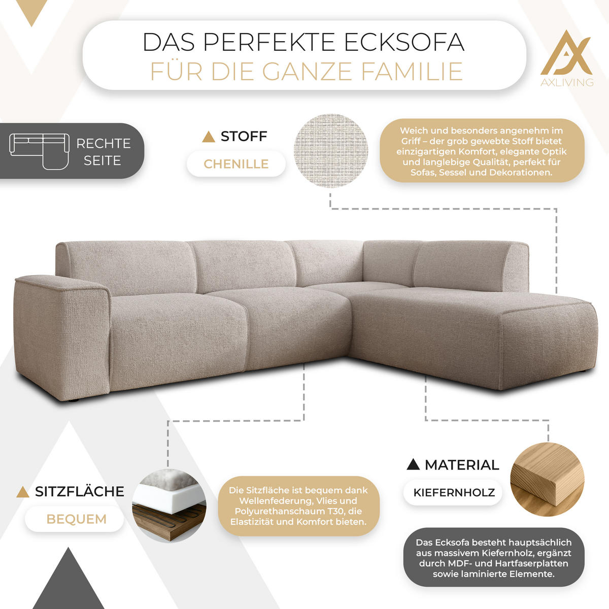ECKSOFA L Form Didim Creme 292/220/78 cm – großes Sofa stilvoll & bequem R - Creme/Schwarz, Kunststoff/Textil (292/220cm) - AX Living
