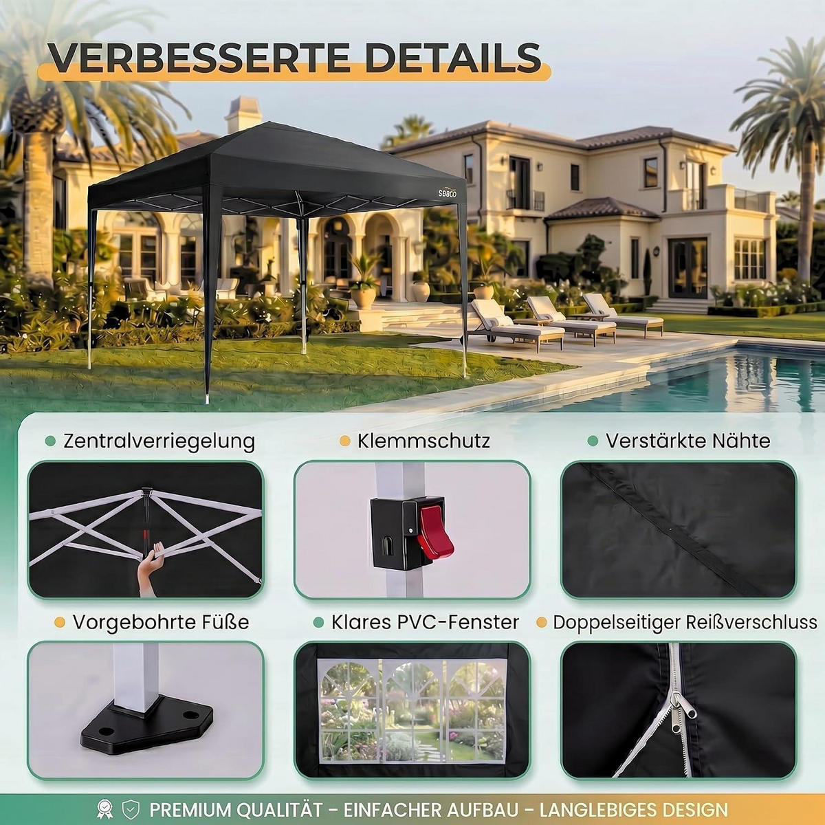 FALTPAVILLON 3x3m Wasserdicht mit Seitenwänden Schwarz - Schwarz, Textil (300/260/300cm)