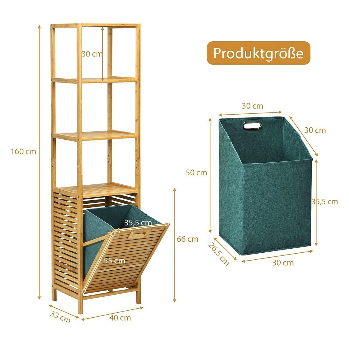 WÄSCHESCHRANK mit abnehmbarem Wäschesack & Griff natur - Naturfarben, Naturmaterialien (40/160/33cm) - COSTWAY