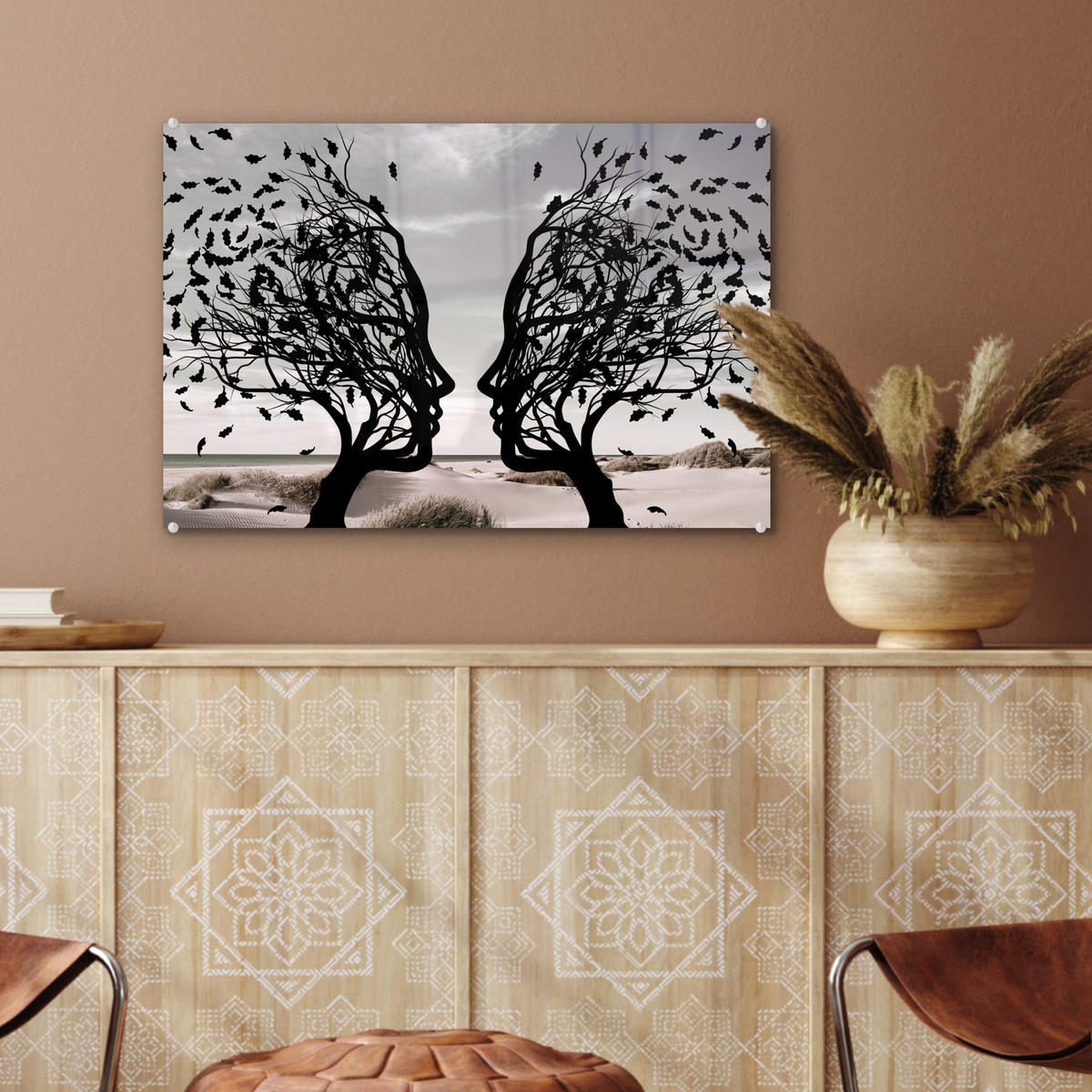 ACRYLGLASBILD Strand - Meer - Menschen - Baum - Moderne Kunst 60x40 cm - Hellgrau, Glas (60/40cm) - MuchoWow