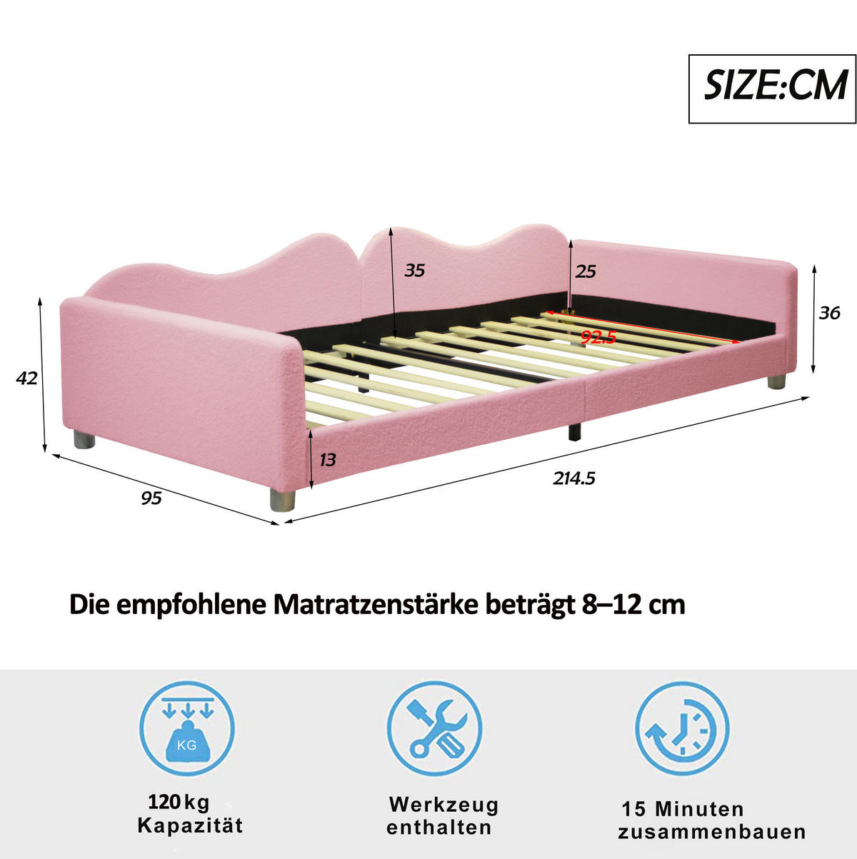 KINDEREINZELBETTEN aus Teddystoff 90x200 cm in Rosa mit Rückenlehne - Rosa, Textil (90/200cm) - Modfu