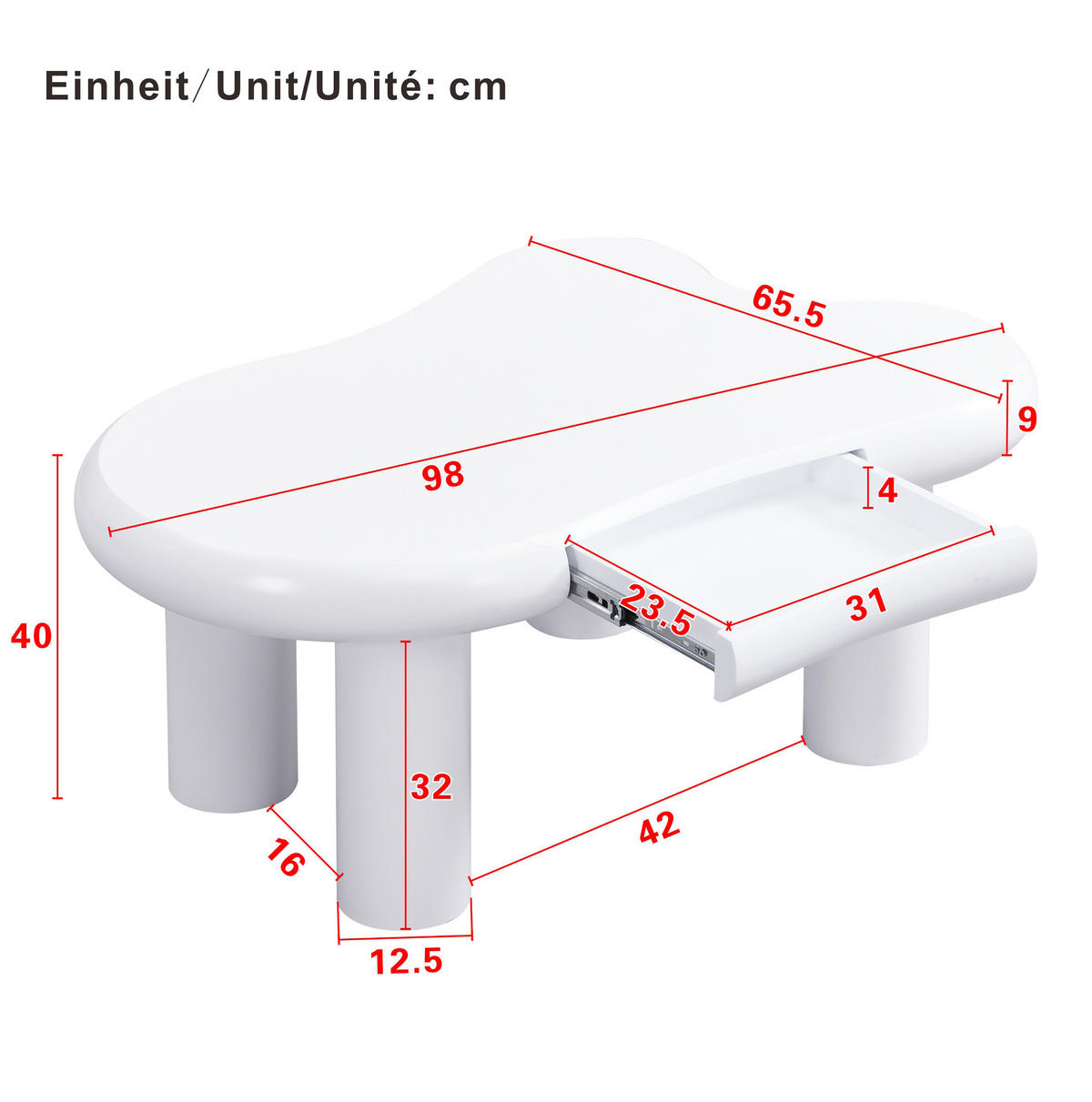 COUCHTISCH 98/65,5/40 cm aus MDF mit 16-farbiger LED-Beleuchtung und Schublade in Cloud-Form, Weiß - Weiß, Holzwerkstoff (98/65.5/40cm) - Redom