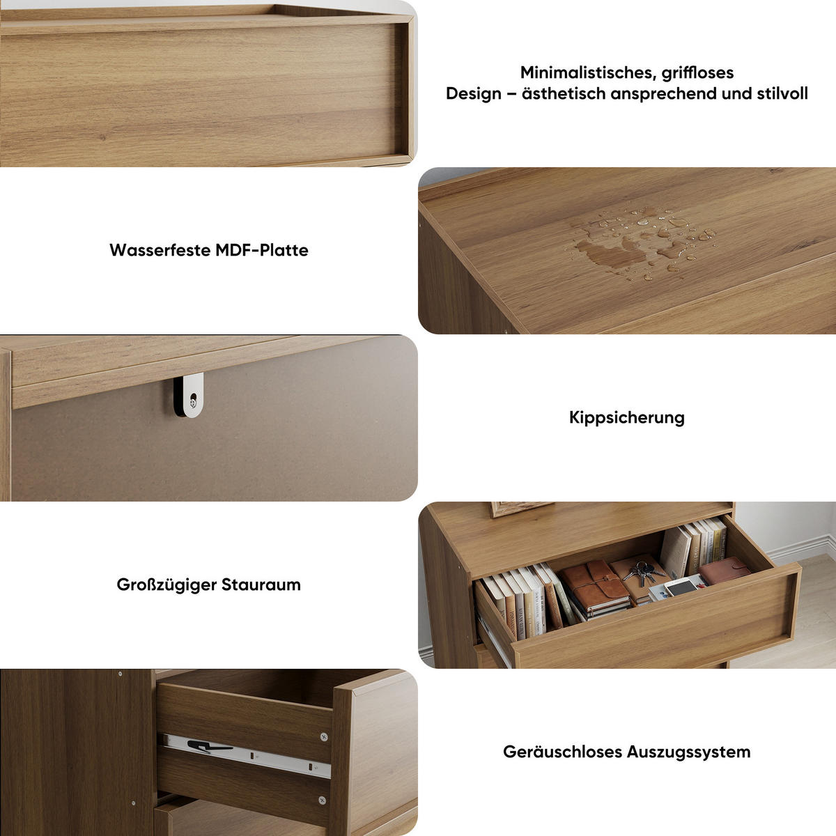 NACHTTISCH 80 cm Eiche – Nachtkommode mit 3 Schubladen & Kippsicherung - Eichefarben, Holzwerkstoff (80/78/48cm) - Urban Meuble