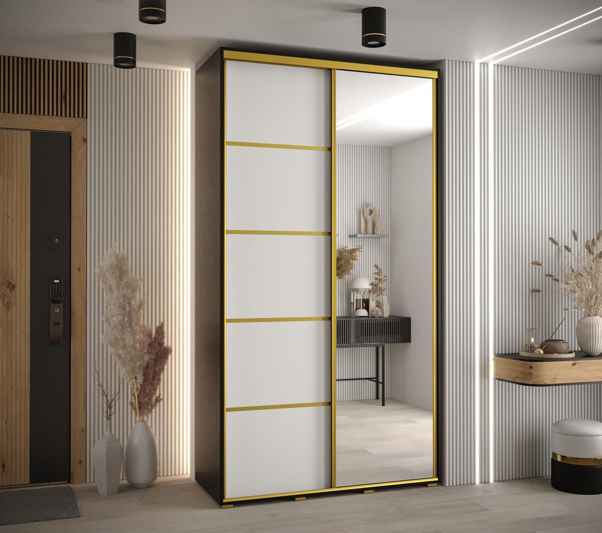 SCHWEBETÜRENSCHRANK 235,2/140/60 2-türig - Goldfarben/Schwarz, Holz/Metall (140/235/60cm) - Abiks Möbel