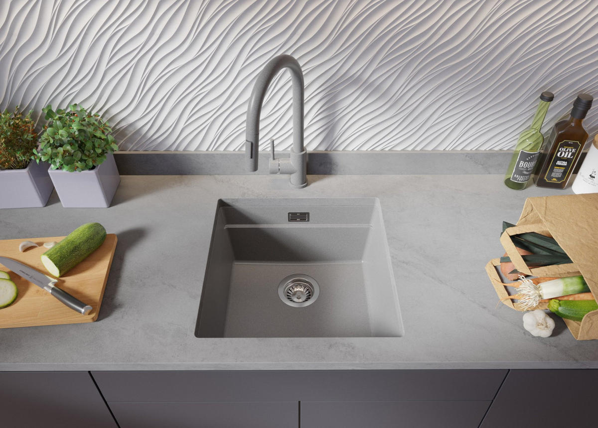 UNTERBAUSPÜLE GRANIT Praga, 2-er set Grau 46/47 cm 1 Becken + Ablauf-Set + Aufrollbare Abtropffläche ab 50er Unterschrank - Chromfarben/Grau, Kunststoff (46/20/47cm) - Primagran