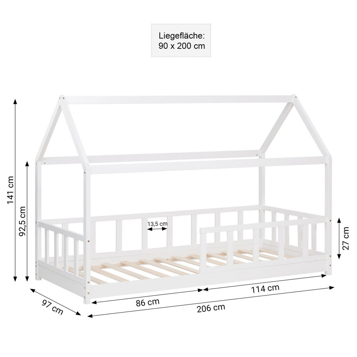 HAUSBETT 90/200 cm in Weiß mit Lattenrost Rausfallschutz - Weiß, Holz (90/200cm) - Homestyle4u