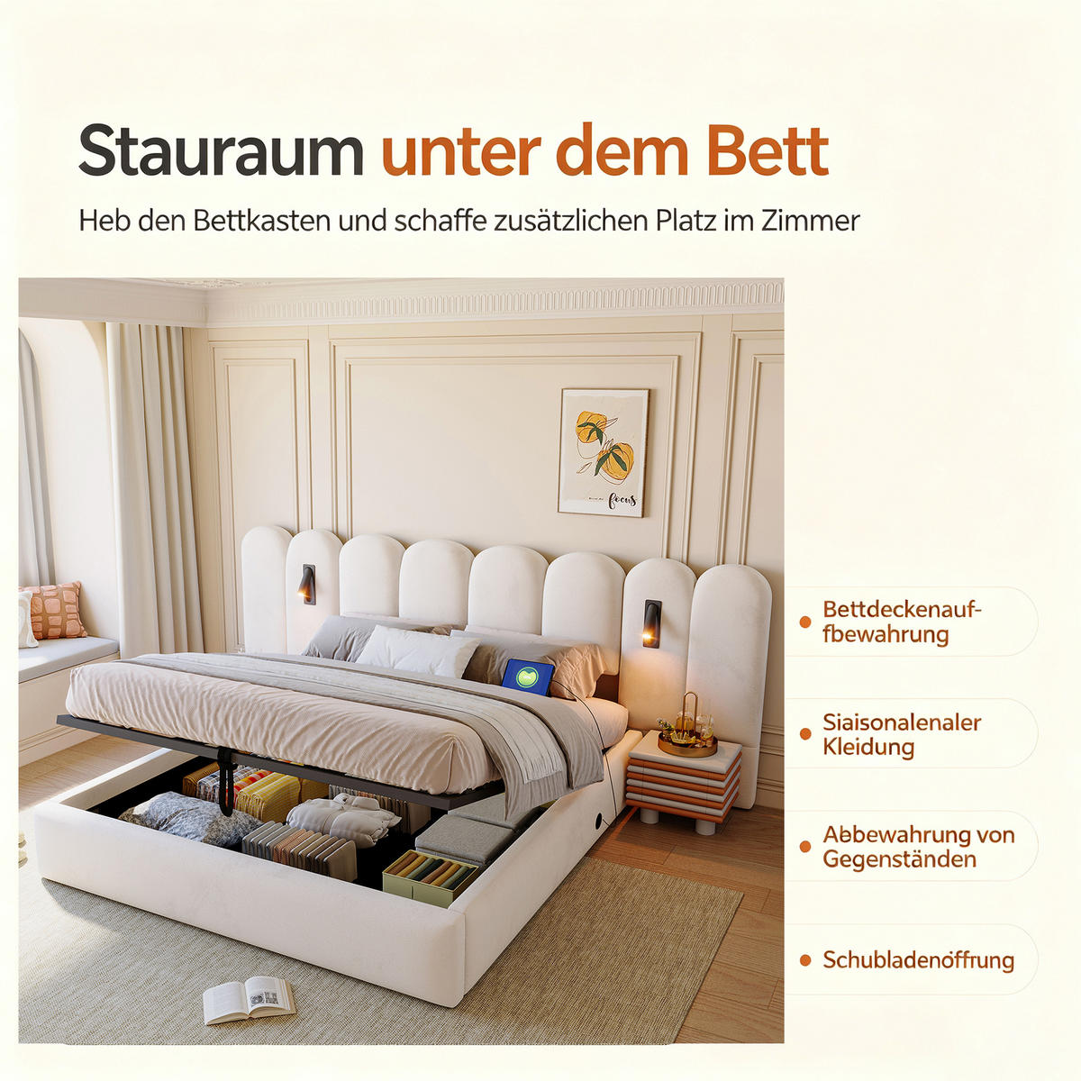 BOXBETT 160/200 mit Wolken Kopfteil, Bettkasten/Leselampe/USB, Samt, Beige - Beige, Holz/Textil (160/200cm) - LVHOM