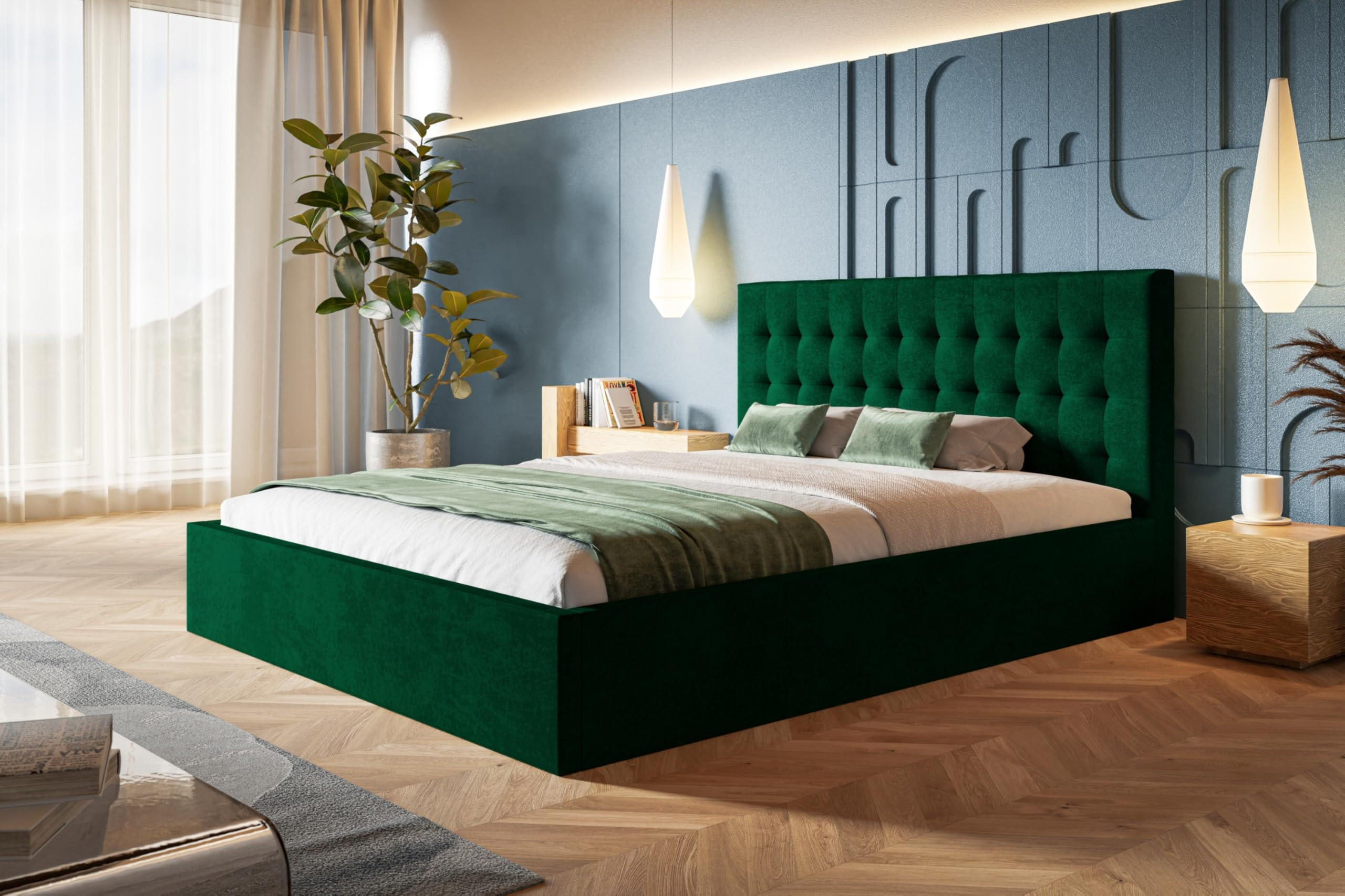 BETT 180x200 - Polsterbett mit Bettkasten und Holzrahmen - Modern Betten - Glatter Kronos-Stoff- Kollektion Rio, Grün - Grün, Holz/Textil (180/200cm) - Alpi-Möbel