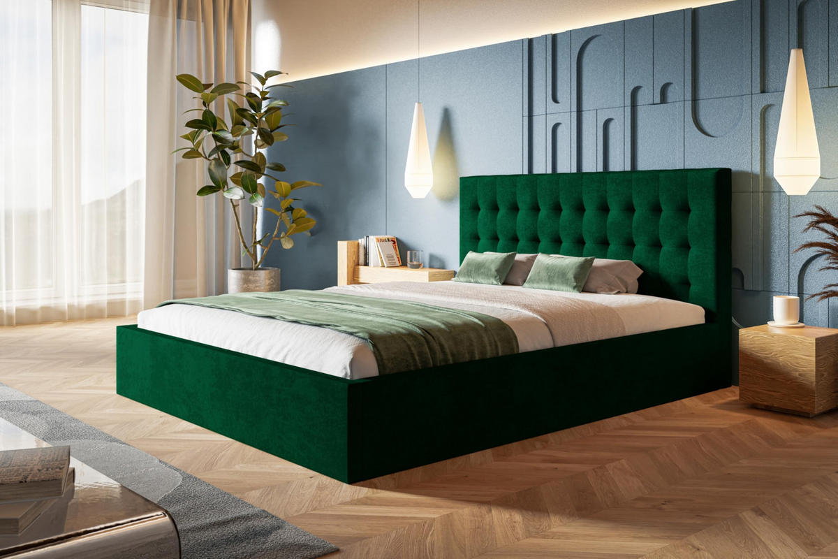 BETT 140x200 - Polsterbett mit Bettkasten und Metallrahmen - Modern Betten - Glatter Kronos-Stoff- Kollektion Rio, Grün - Grün, Holz/Textil (140/200cm) - Alpi-Möbel