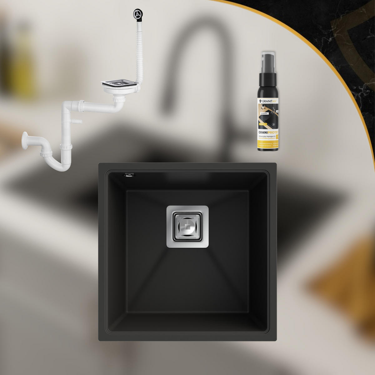 SPÜLBECKEN Napo 42 Schwarz 3 tlg. 420/420 mm Unterbau mit Siphon und Imprägnierung - Schwarz, Stein (42/42/20cm) - Granitan