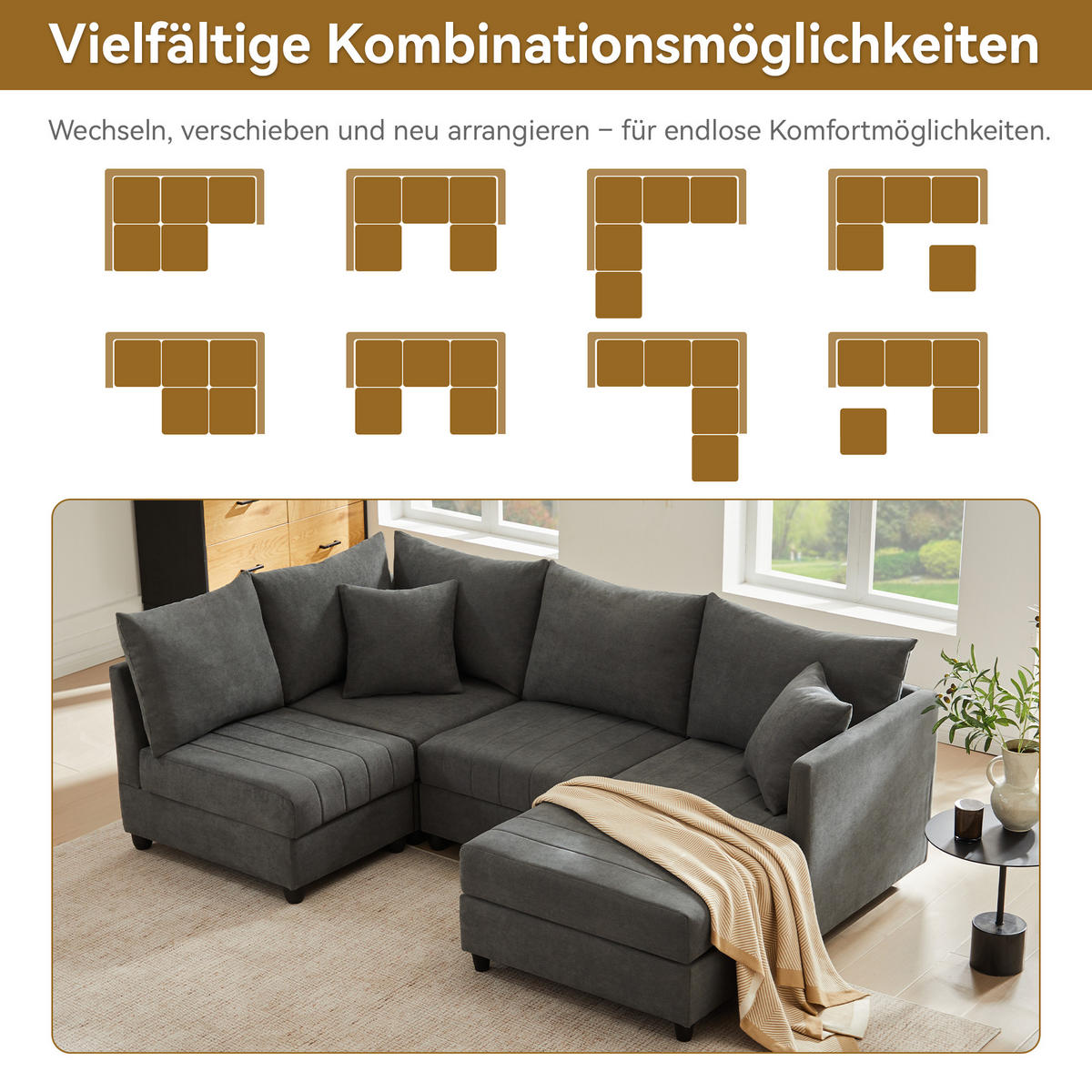 ECKSOFA 220/194/85 cm Grau mit umwandelbarem Fußhocker - Grau, Textil (220/194cm) - Oxeza