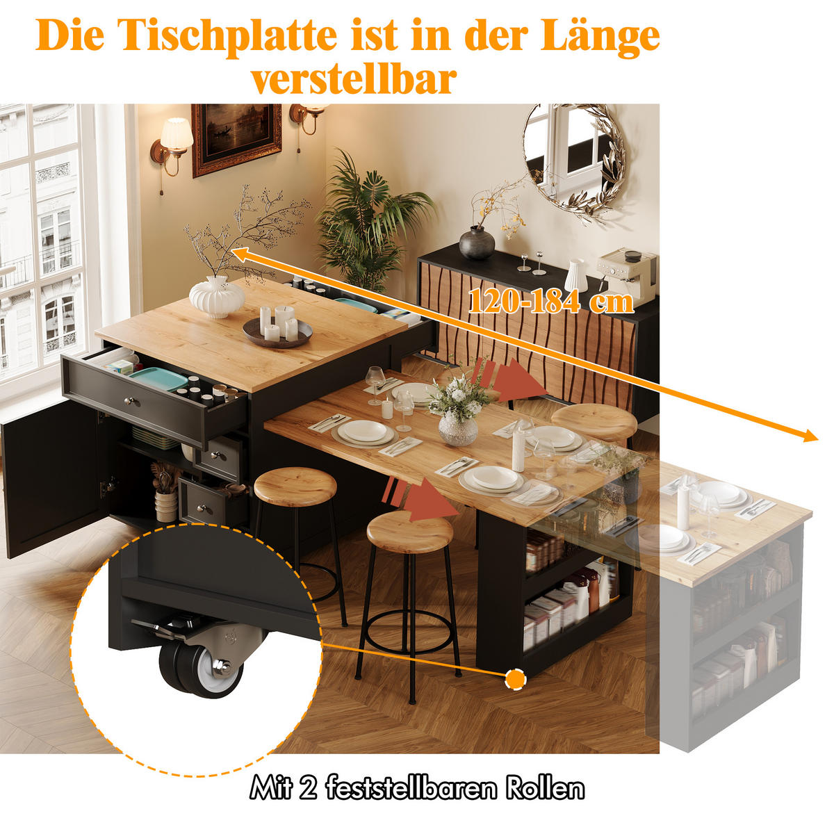 KÜCHENINSEL Ausziehbar Schubladen Rollen Holzoptik Schwarz - Schwarz, Holzwerkstoff (184/94/70cm) - FLIEKS