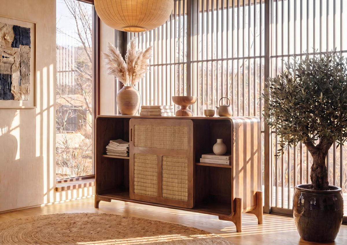 SIDEBOARD Mango/Seegras 150x40x80 hellbraun lackiert MIZUMI #100 - Braun, Holz (150/80/40cm) - Massivmoebel24