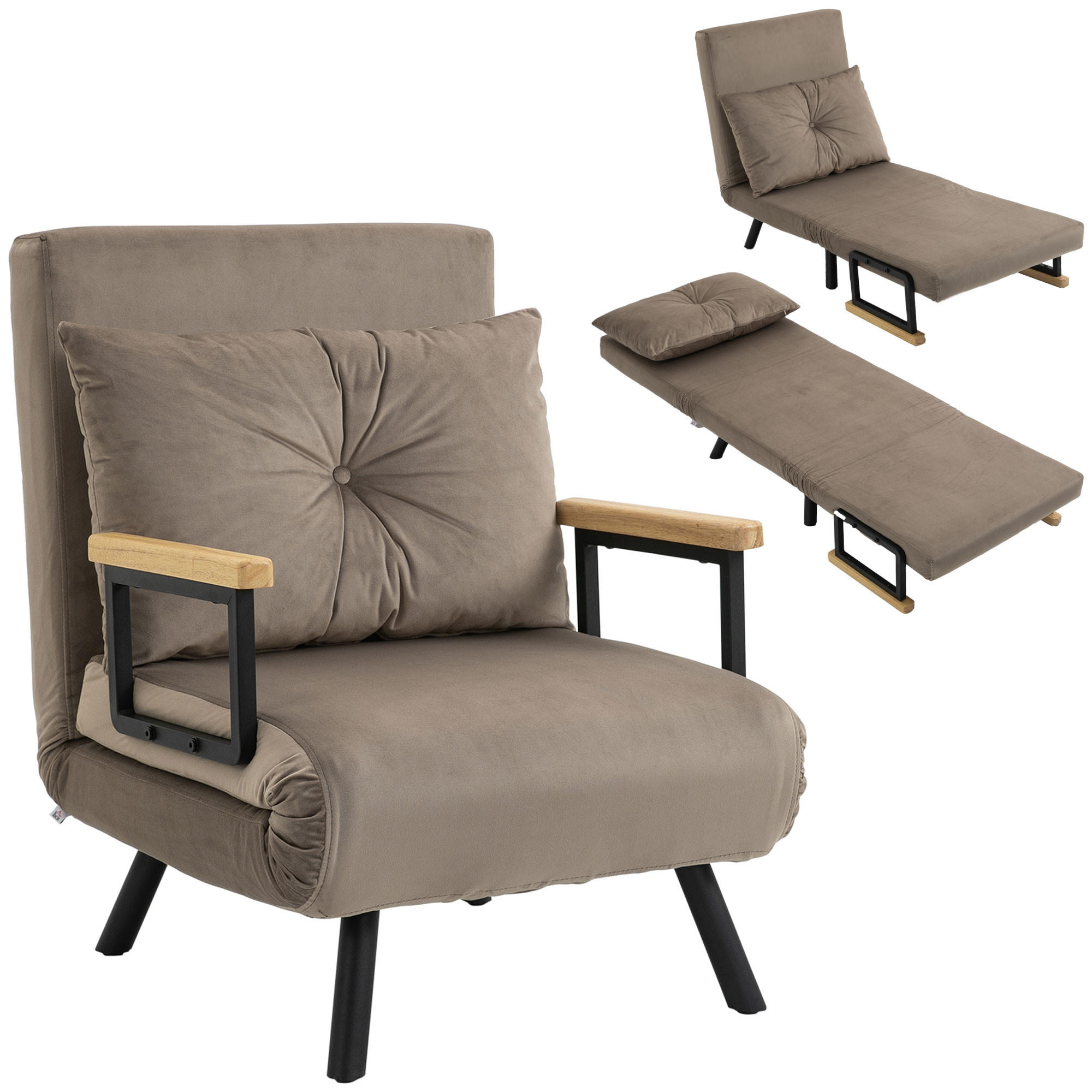 SCHLAFSESSEL 4-in-1 DE-14590 5-fach verstellbar, mit Holzarmlehnen Marron - Braun, Textil (73/81/63cm) - ComfortXL
