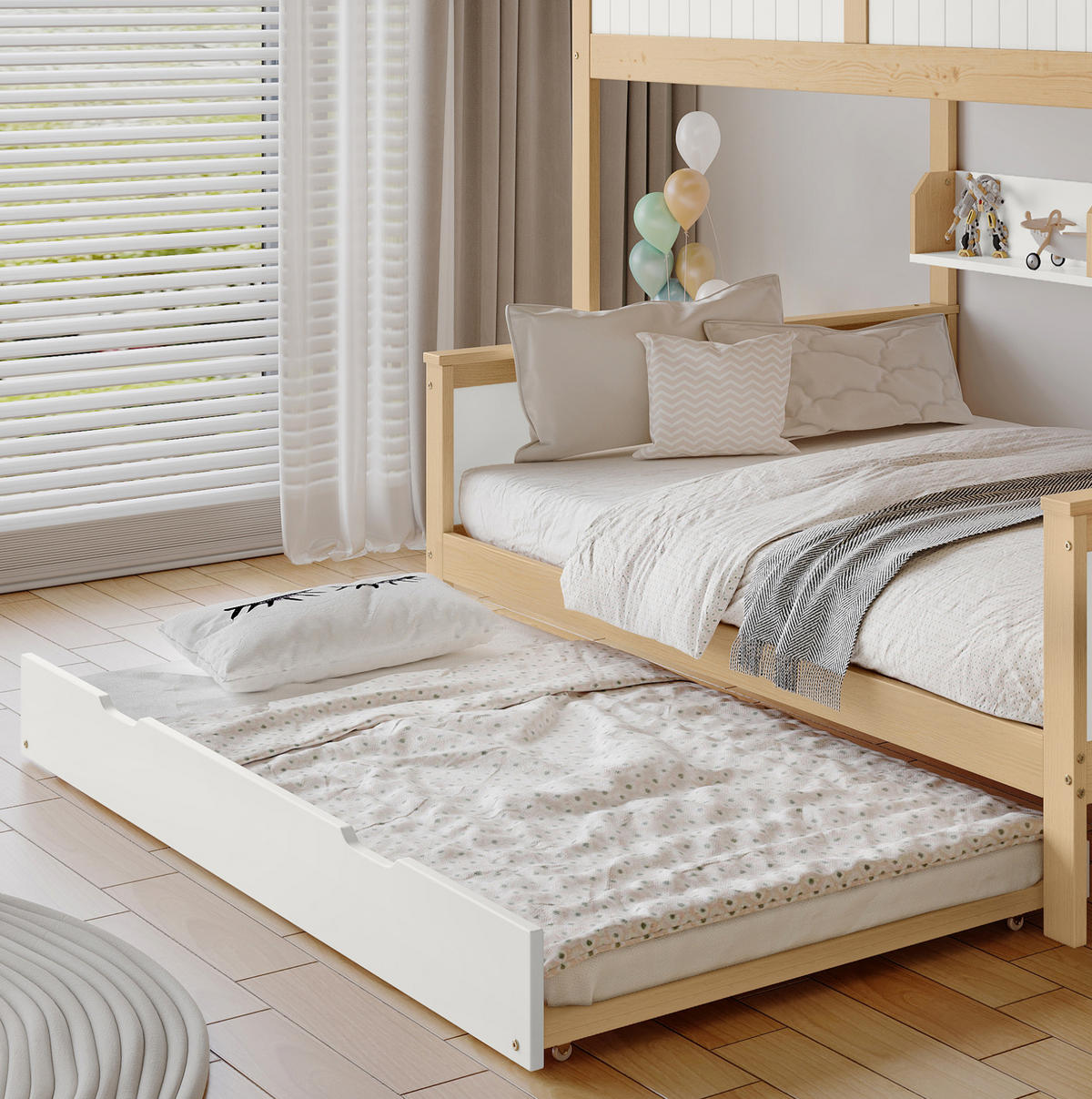 ETAGENBETT 90/200 cm & 120/200 cm mit Rollbett, Ecktreppe, Kleiderschrank und Fallschutz, Kiefer/MDF, Weiß/Natur - Weiß, Holzwerkstoff (90/200cm) - Redom