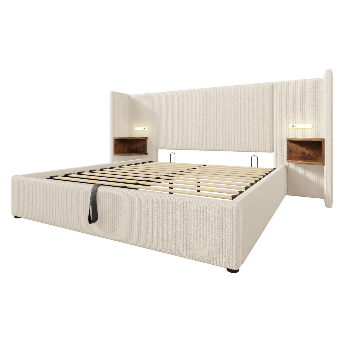 BETT mit Stauraum 160x200 cm Cord Beige mit Leselicht und USB - Beige, Metall (160/200cm) - Meubliv