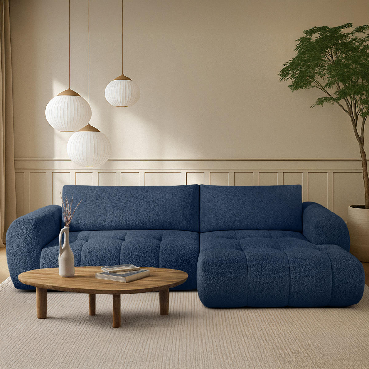 ECKSOFA RECHTS LIRA, Dunkelblau, Bouclé - Dunkelblau, Holz/Holzwerkstoff (295/112cm) - KONSIMO®