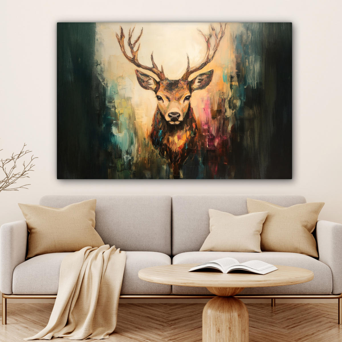 LEINWANDBILD Hirsch - Gemalt - Geweih - Braun Groß 140x90 cm - Haselnussfarben, Textil (140/90cm) - MuchoWow