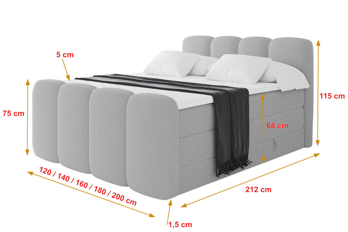 BOXSPRINGBETT mit Matratze H3/H4 - NINA-Z KING - 160x200 cm Hellgrau - Hellgrau, Holzwerkstoff (160/200cm) - ALTDECOR