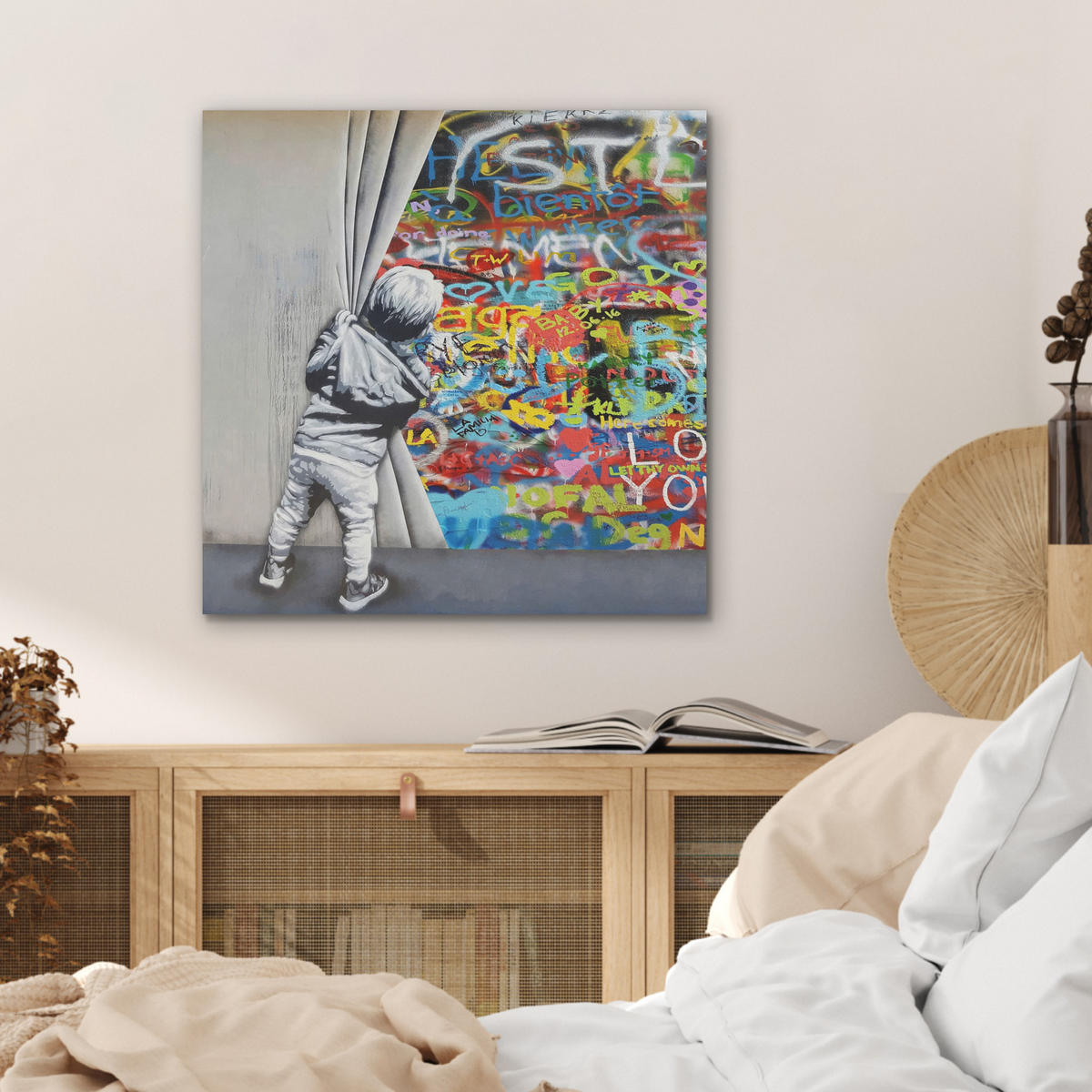 AKUSTIKBILD Graffiti - Junge - Ilussie - Straßenkunst Wandbilder 60x60 cm - Hellgrau, Kunststoff (60/60/0.9cm) - MuchoWow