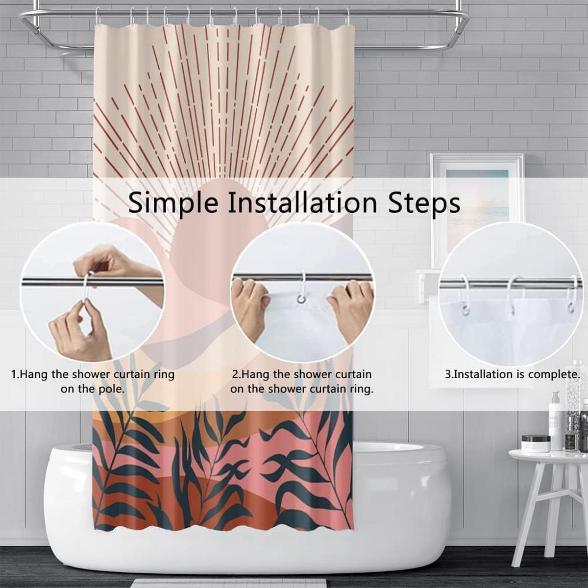 DUSCHVORHANG schimmelresistent Terrakotta Blätter Blau abstrakt Landschaft Orange Badewanne Stoff waschbar wasserdicht - Multicolor, Textil (180/1cm) - MCBOSON
