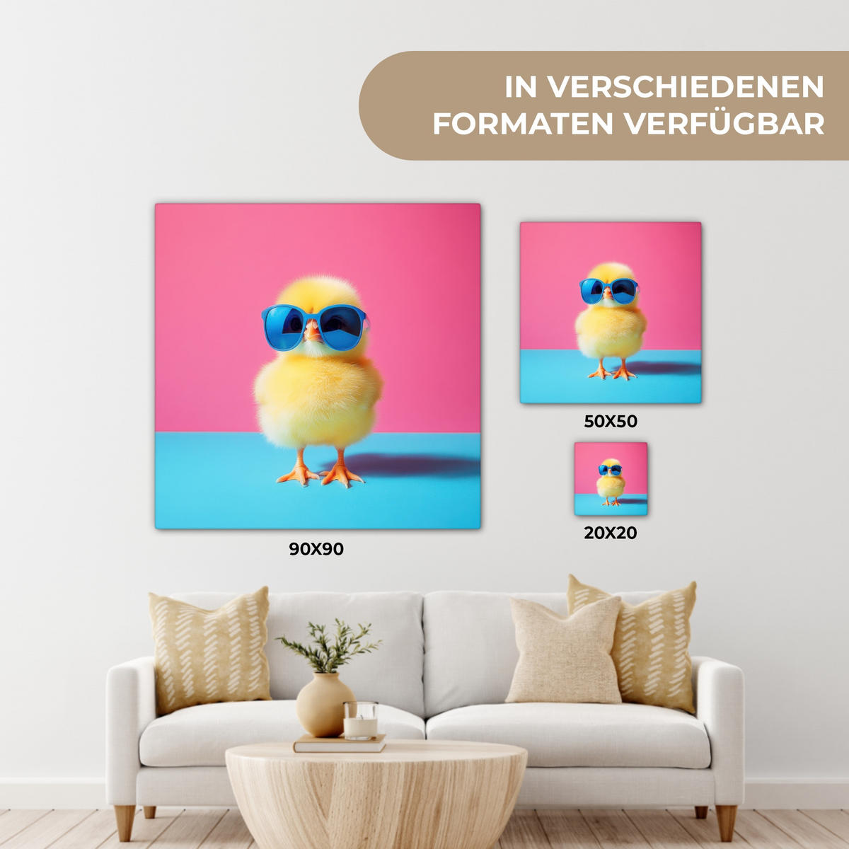 LEINWANDBILD Chick - Sonnenbrille - Blau Deko Groß 90x90 cm - Pink/Gelb, Textil (90/90cm) - MuchoWow