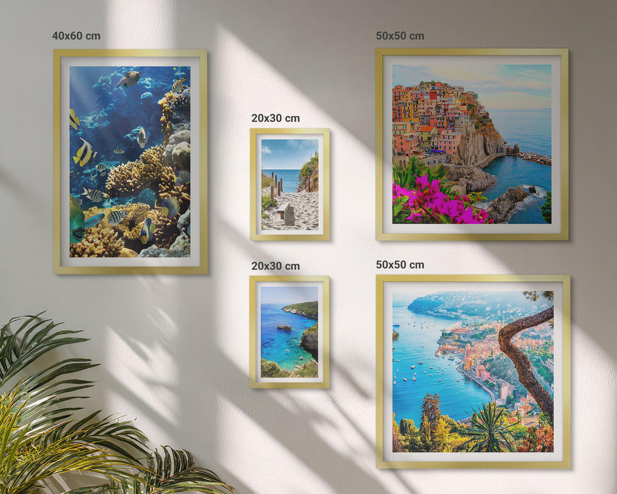 BILDER SET 5er Set - 50x50 cm & 20x30 cm & 40x60 cm Goldrahmen - Berglandschaften im Hintergrund - Goldfarben, Kunststoff (40/60cm) - TULUP