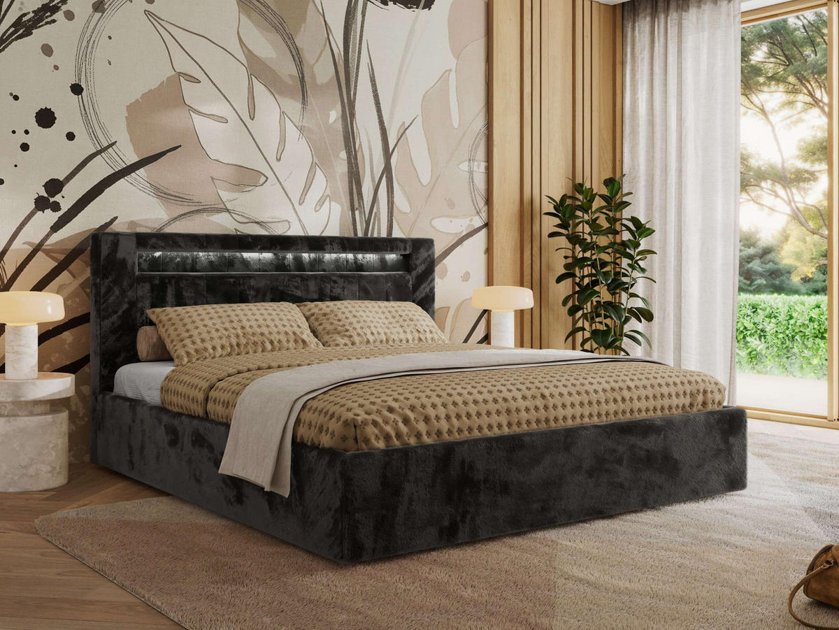 POLSTERBETT GOLD 5 CLASSIC 140/200 - Dunkelgrau Plüsch - Schaum-Matratze - Dunkelgrau, Textil (140/200cm) - MKS