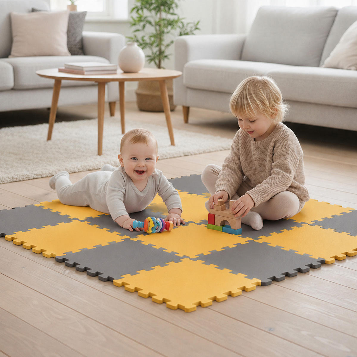 SPIELMATTE ab Null - 180/90/1 cm Puzzlematte Grau - Gelb/Grau, Kunststoff (30/30cm) - Littletom