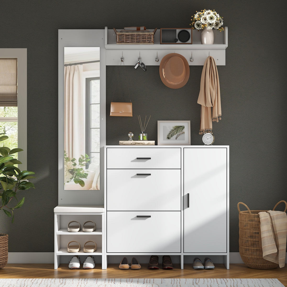 GARDEROBENSCHRANK mit Schuhschrank Spiegel und Schuhwechselbank mit Stauraum Weiß 140/30/200 cm - Weiß, Holzwerkstoff (140/200/30cm) - EVRYAE
