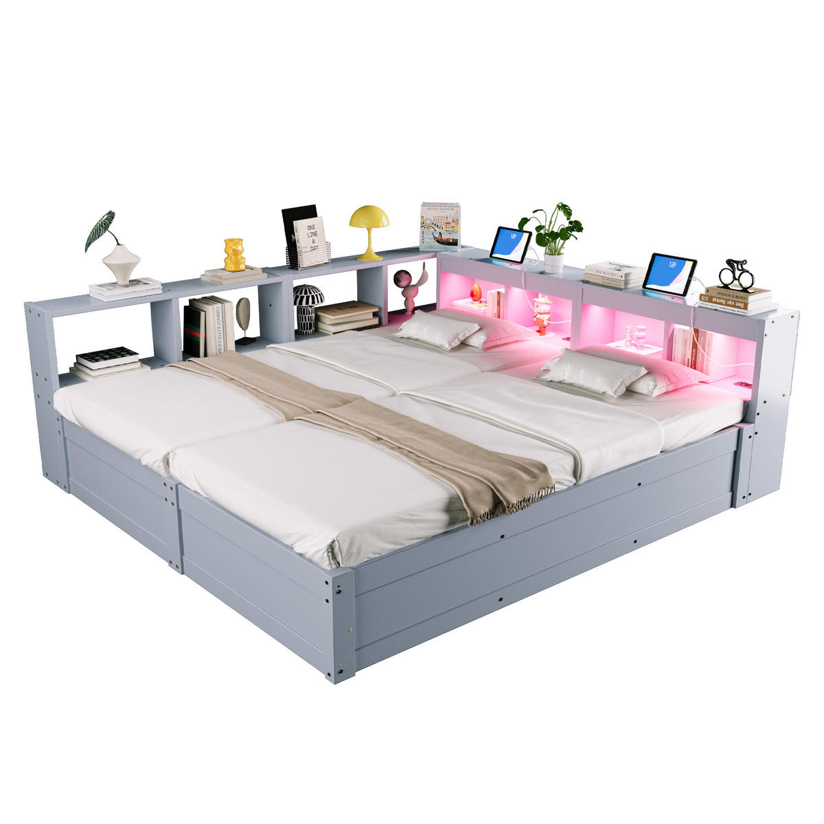 STAURAUMBETT 90/180/200 cm DE-32622 mit LED Grau - Grau, Holzwerkstoff (90/200cm) - ComfortXL