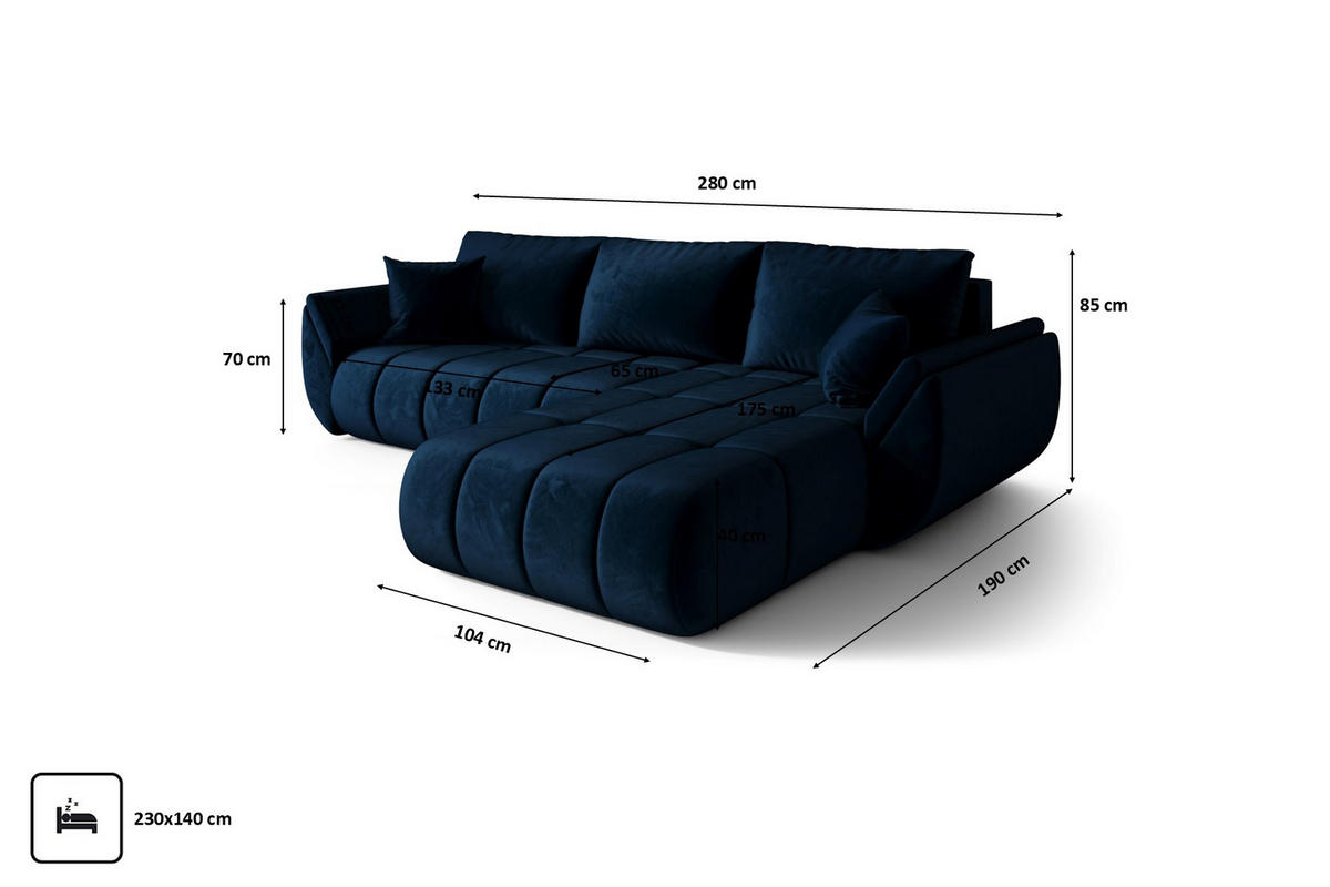 ECKSOFA TOKYO PREMIUM mit Schlaffunktion, Stoff MONOLITH, Dunkelblau, Rechts - Dunkelblau, Holz (280/190cm) - Kaiser Möbel