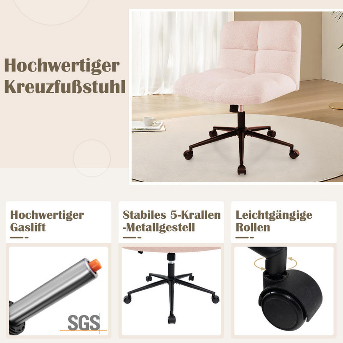 SCHREIBTISCHSTUHL Rosa - Pink, Metall (73/79/69cm) - COSTWAY