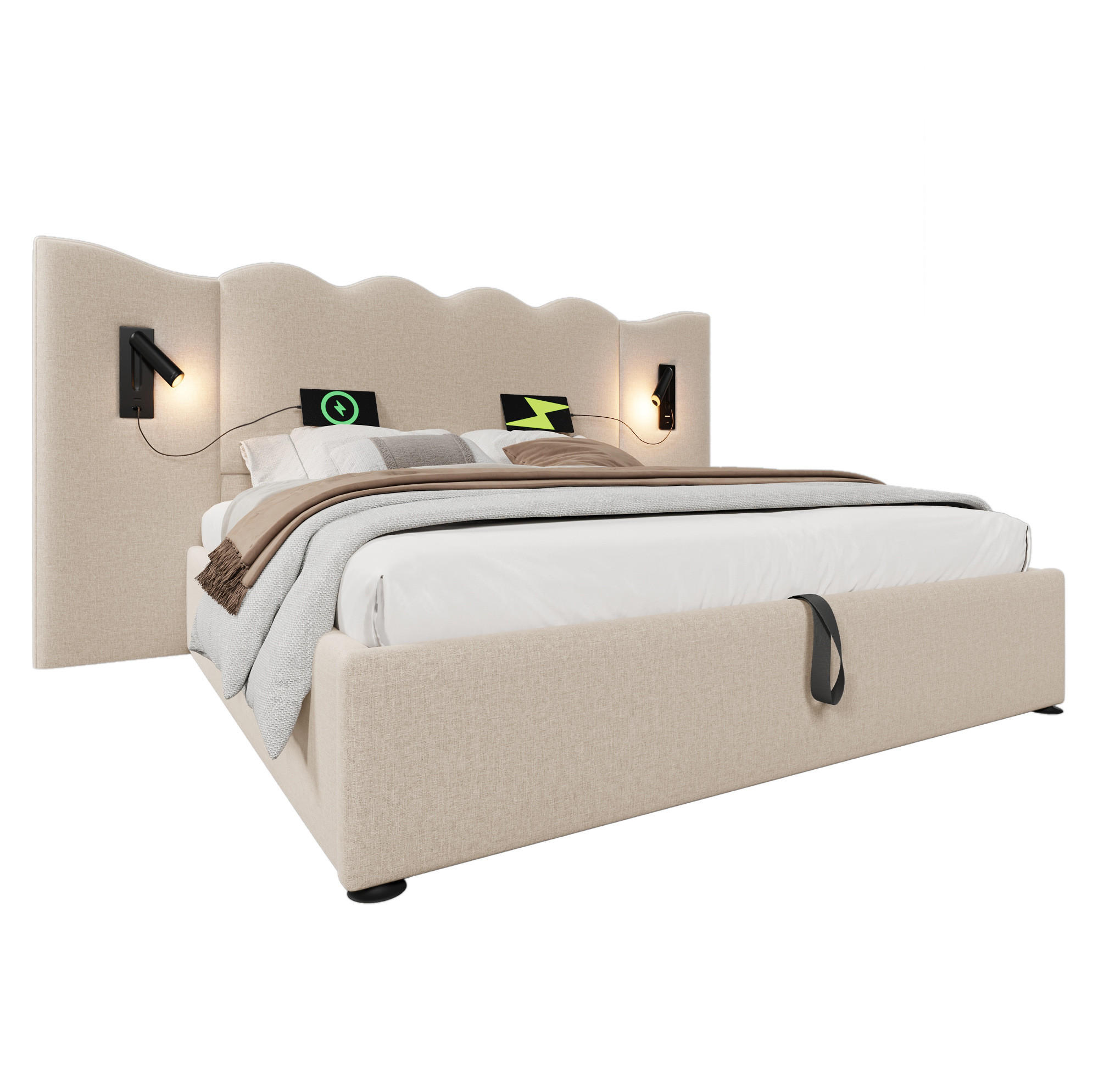 POLSTERBETT 180/200 cm Beige mit Leselampe und USB-C-Ladefunktion - Beige, Textil (180/200cm) - OKWISH