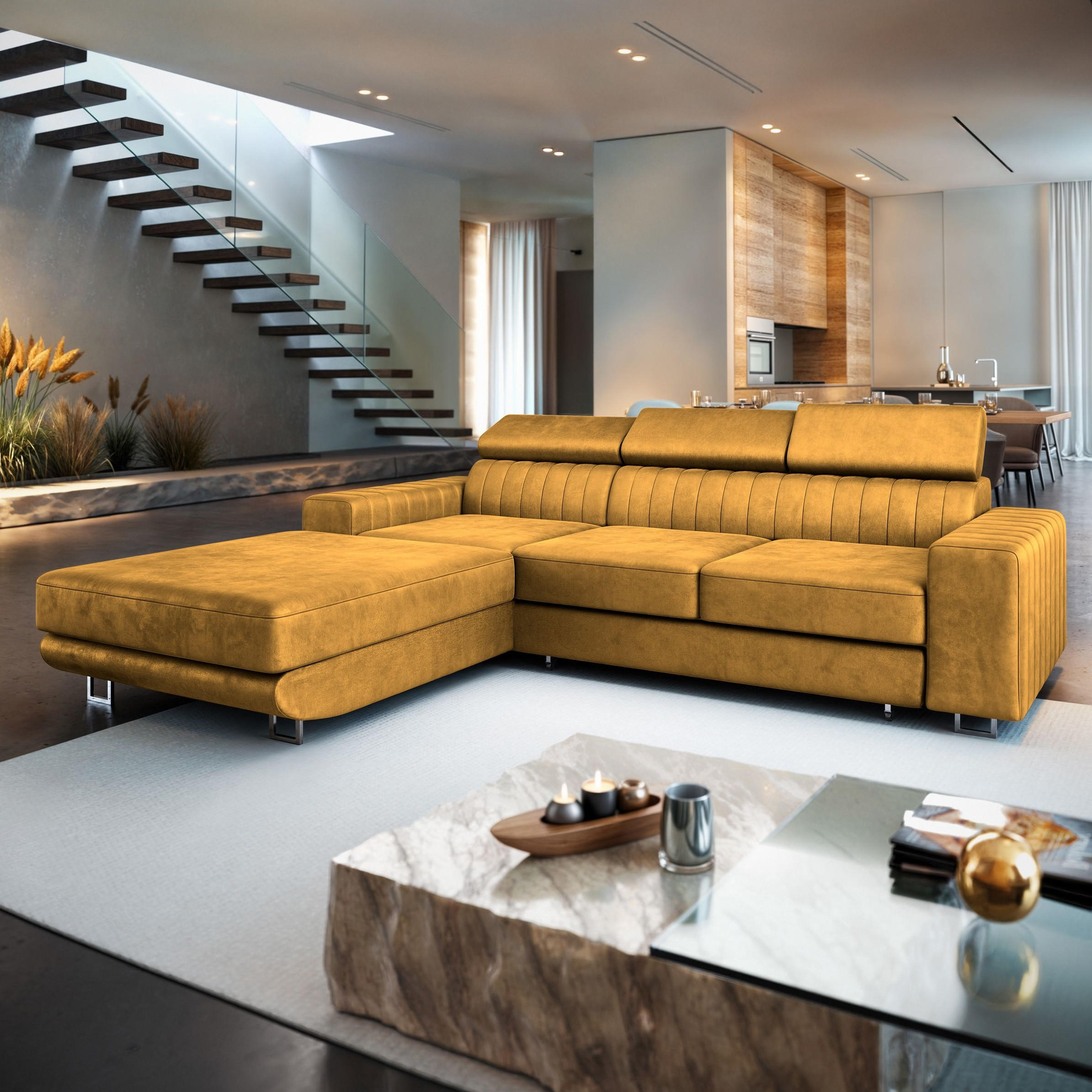 ECKSOFA NOTO L-S Gelb Velours-Stoff mit Schlaffunktion - Gelb, Holz (267/190cm) - MASSENO