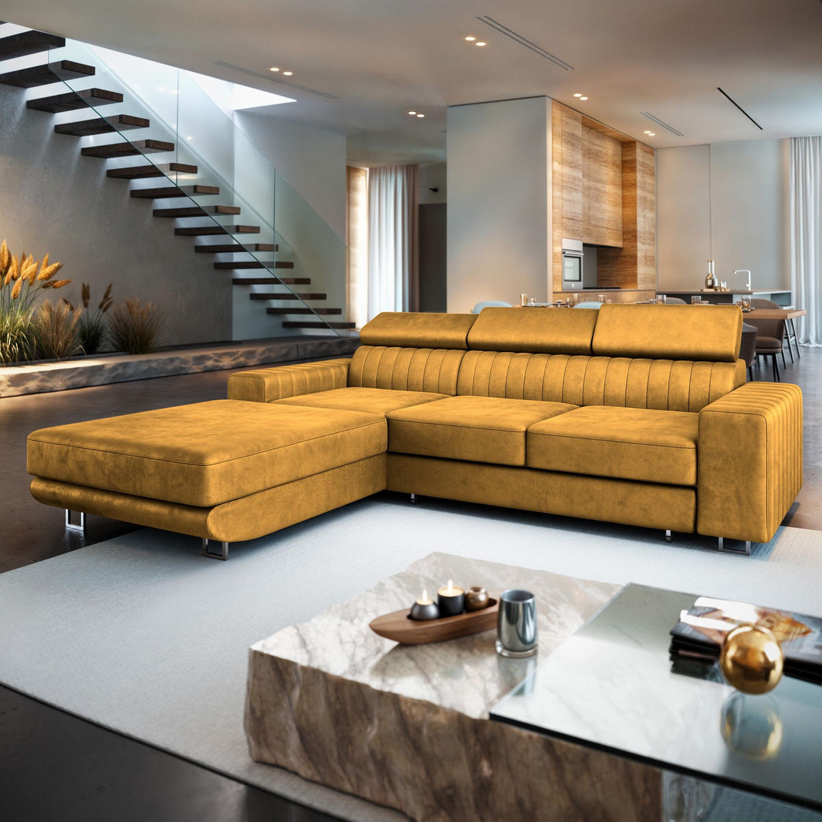 ECKSOFA NOTO L-S Gelb Velours-Stoff mit Schlaffunktion - Gelb, Holz (267/190cm) - MASSENO